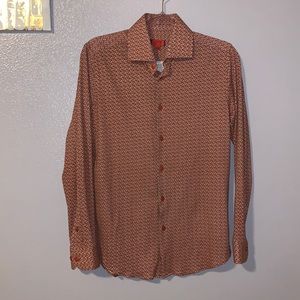 ZNT18 printed stretchy comfy office red brown long sleeve button down shirt